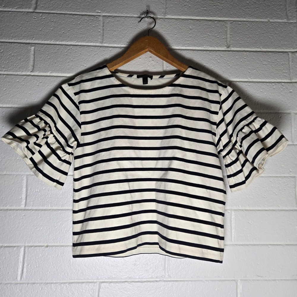 J.Crew Women Top Striped Cotton Ruffle Sleeve Nautical Classic Office French M